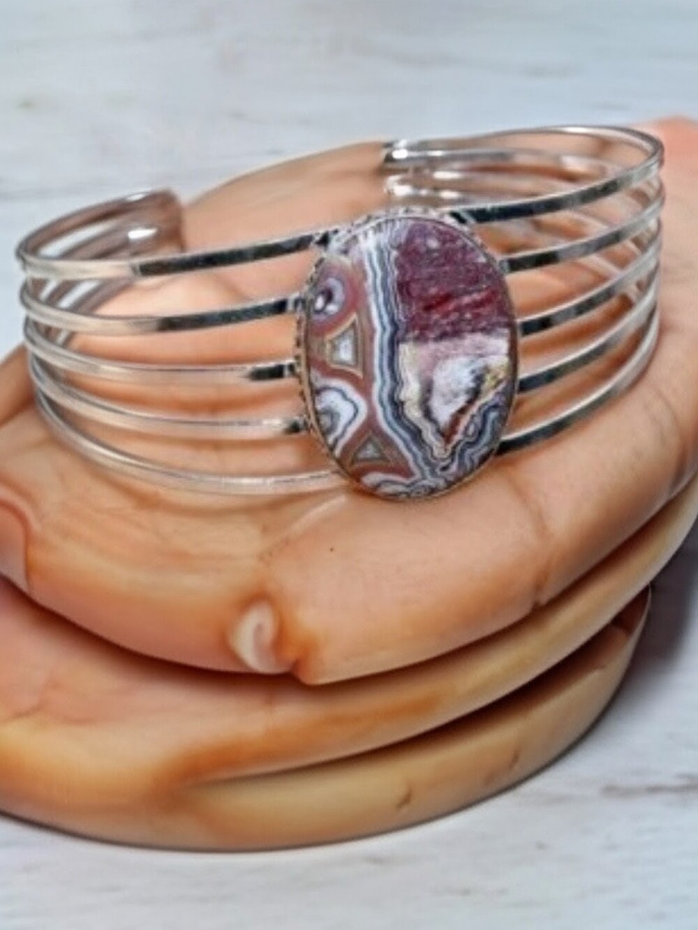 Mexican Crazy Lace Agate Gemstone 925 Sterling Silver Adjustable Cuff Bracelet